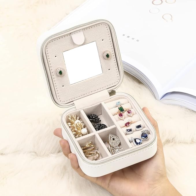 Jewelry Case with Mirror, Small Travel Jewelry Organizer, Portable Mini Storage Box for Rings, Earrings, Necklaces, Gift for Mother Mom, Girl, Daughter, Sisters, Bridesmaids, Mother's Day Gift (White)