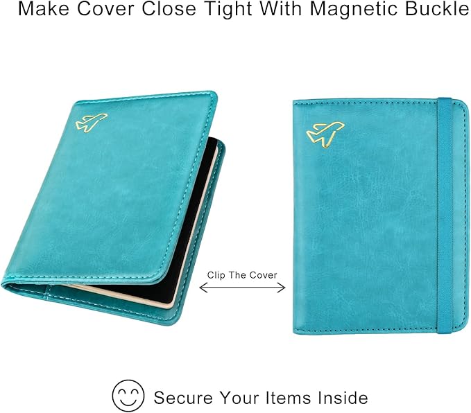 WALNEW Passport Holder for Travel, RFID Passport Cover Wallet for Women Men, PU Leather Passport Book Card Holder Case with Pen (Elastic Band Closure, C-Blue)