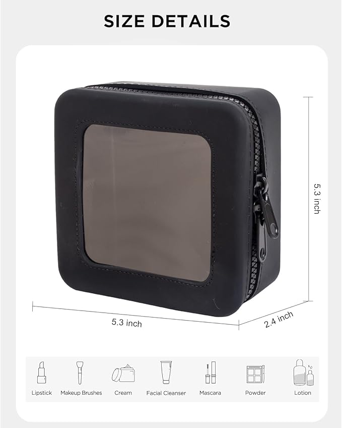 Small Clear Makeup Bag for Women, Mini Silicone Pouch Travel Cosmetic Case Waterproof Clear Make Up Pouch Purse with Zipper Cute Toiletry Bags for Traveling Car Organizer Travel Essentials (Black)
