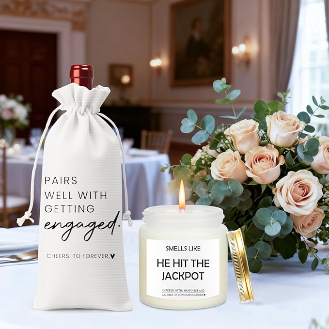 Engaged Engagement Gifts for Couples Her Engagement Party Decorations Bridal Shower Decorations Wine Bag Scented Candles Set Cheers To Forever Wine Bag Smell Like He Hit The Jackpot