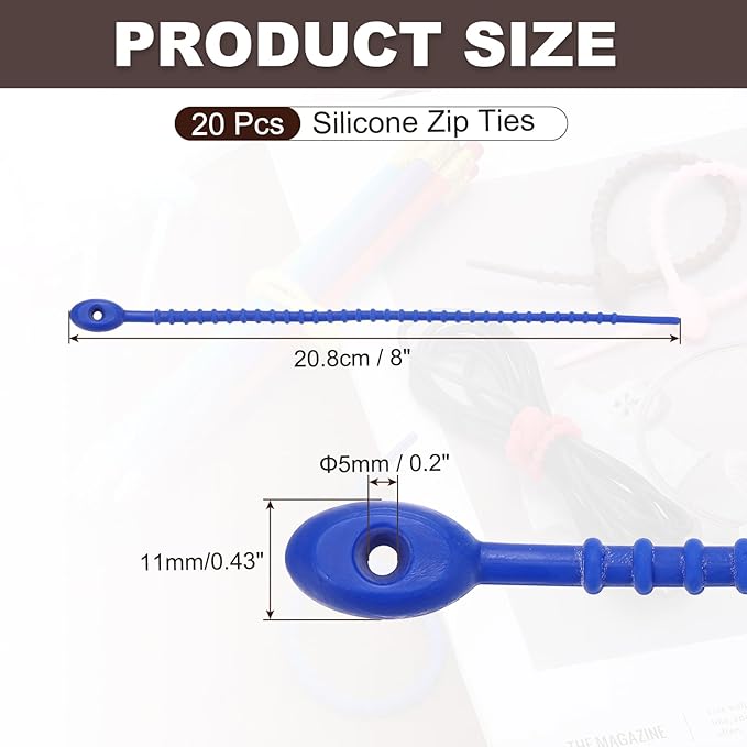 PATIKIL 8 Inch Silicone Cable Ties, 20pcs Rubber Reusable Twist Zip Ties Organizer for Home Office Kitchen Food bags Wires Adjustable Bag Clip, Dark Blue