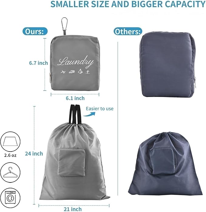 2 Pcs Travel Laundry Bags, JHX Dirty Clothes Organizer【Upgraded】with Handles and Aluminum Carabiner, Collapsible Laundry Bag for Travel, Camp, Fitness, and Students（Grey） 24"L x 21"W