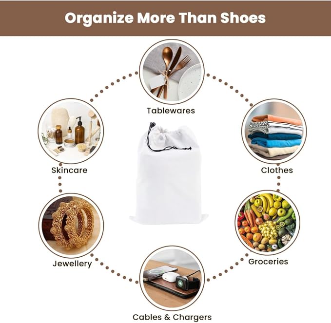 LFH Cotton Rich Shoe Storage Bags with Drawstring, Dustproof Breathable Reusable Organizer, Perfect For Travel, Dorm, Hotel, College, Gym, Easy to Carry, Machine Washable 8"x17" (Pack of 4) - White