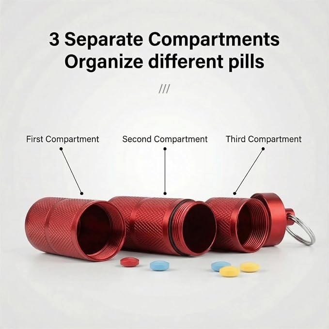 Waterproof Keychain Pill Holder - Compact, Portable, and Secure Pill Box with 3 Compartments - Pocket-Sized Pill Case and Container for Daily Medication on The Go (Wine Red)