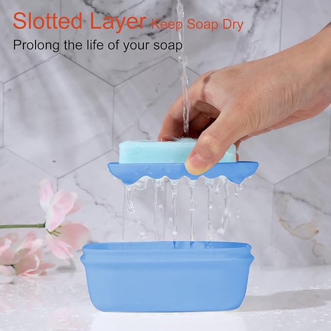 Quatish Leakproof Soap Dish with Lid & Draining Layer, Shatterproof Travel Bar Soap Holder Case Container, Portable Travel Size Toiletries Essentials for Camping, Gym, Bathroom, Denimblue