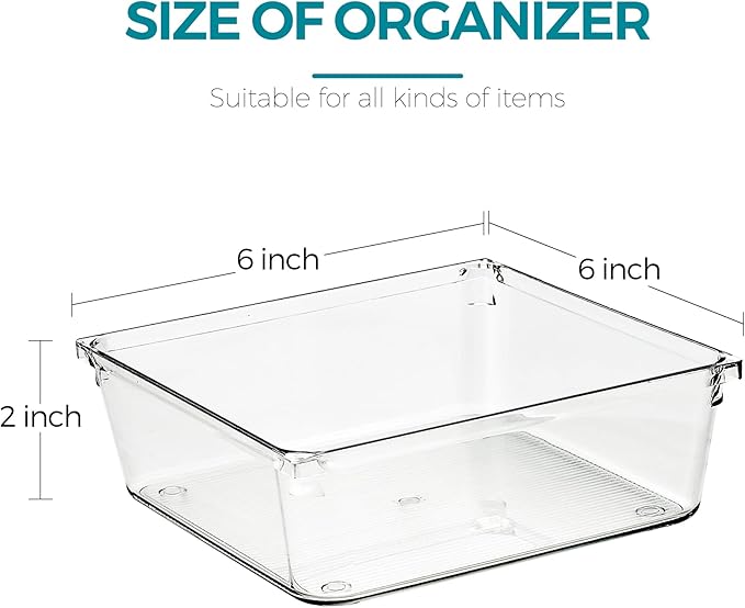 12 Pack Drawer Organizer - 6" X 6" Clear Acrylic Storage Bins with Non-Slip Pads, Versatile Desk Tray for Makeup, Jewelry, Kitchen, Bathroom, and Office Organization