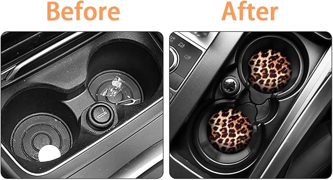 2 Pack Car Coasters for Drinks - 2.75 Inch Cute Cup Holder Coasters for Women, Removable Absorbent Coaster, Interior Accessories for Women & Girls (Yellow Leopard)