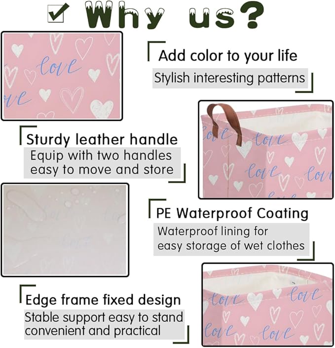 Rectangular Pink Valentine's Day Gift Basket,nursery basket,Pink girls gift baskets,kids toy storage Bin, Love Heart Room Decor for Home,Shelf Baskets(Blue pink heart)