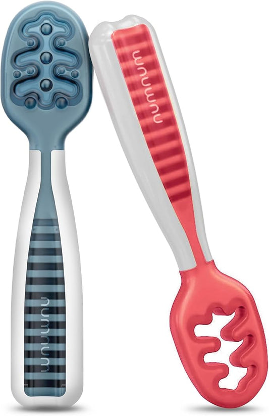 NumNum Baby Spoons Set, Baby Essentials Pre-Spoon GOOtensils for 6+ Months, First Stage Self-Feeding Spoons for Baby Led Weaning (BLW), Silicone Toddler Utensils, BPA-Free, 2 Pack Blue/Red