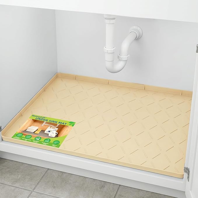 Mateeylife Under Sink Mats for Kitchen Waterproof 28"X19", Undersink Protectors，Silicone Mat Cabinet Liner, Under Sink Organizer for Bathroom and Kitchen，Boot Tray Pet Food Mat, Khaki