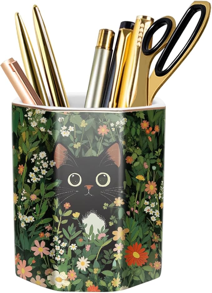 WAVEYU Pen Holder, Pencil Cup for Desk, Cute Desk Organizer, Durable Ceramic Decorative Makeup Brush Desktop Accessories, Stylish Stationery for Office, Home, Cute Cat Pattern