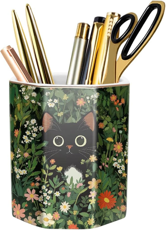 WAVEYU Pen Holder, Pencil Cup for Desk, Cute Desk Organizer, Durable Ceramic Decorative Makeup Brush Desktop Accessories, Stylish Stationery for Office, Home, Cute Cat Pattern