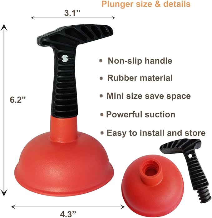 Mini Sink & Drain Plunger with Short Handle - Heavy-Duty Rubber Cup & Ergonomic Grip for Powerful Suction, Unclog Slow Drains in Sinks, Tubs, Showers, Bathrooms, Kitchens, Compact, Space-Saving Design
