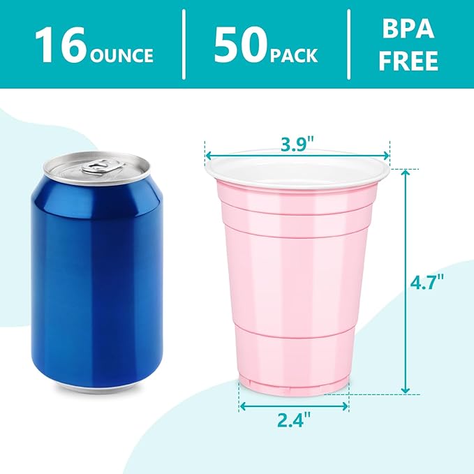 LANLISA 50 Light Pink Plastic Cups, 16 oz Disposable Cups, Drinking Cups For Birthday Party, Valentines, Baby Shower, Easter Party, Mothers Day