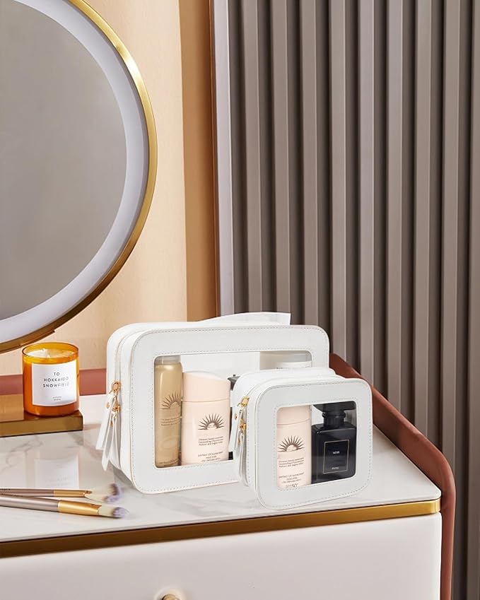 2 Pcs Travel Clear Makeup Bag Set, Clear White Makeup Organizer with Zipper Leather Travel Bags for Toiletries Small Cosmetic Bags for Women Mini Make up Pouch Toiletry Bags Car Essentials