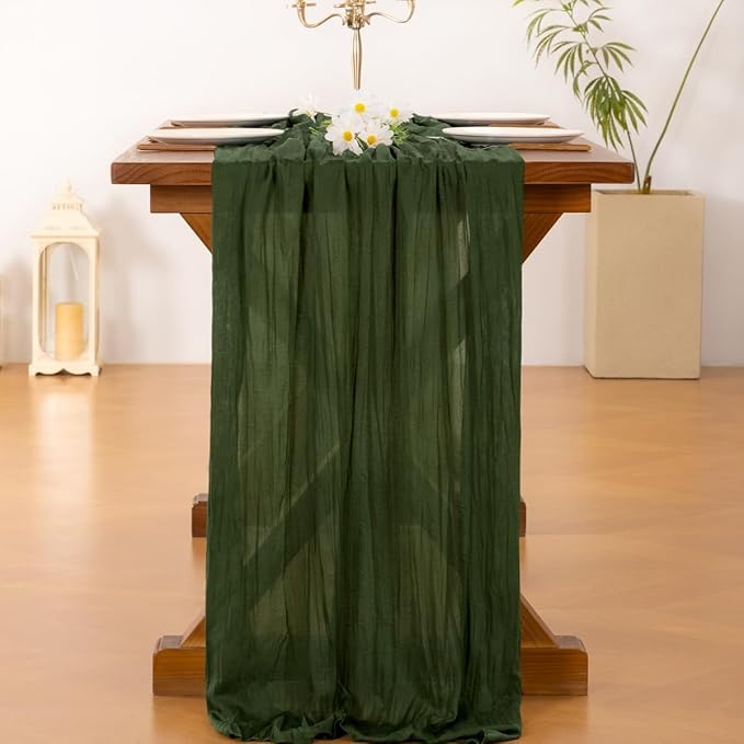 Socomi 10pcs Olive Green Cheesecloth Table Runner Summer Boho Rustic Gauze 120 inch 10FT Cheese Cloth Sheer Runner for Wedding Party Baby Shower Birthday Home Decor Holiday Decorations