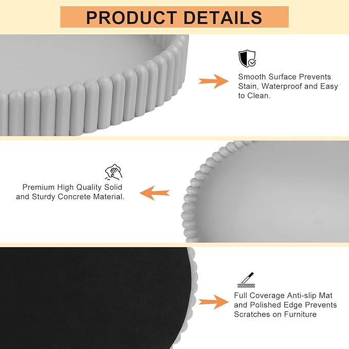 11.8in Decorative Tray for Coffee Table Decor- Gray Oval Concrete Tray for Home Decor- Scalloped Flat Modern Centerpieces Tray Decor for Living Room, Kitchen Dining Table, Entryway (Gray)
