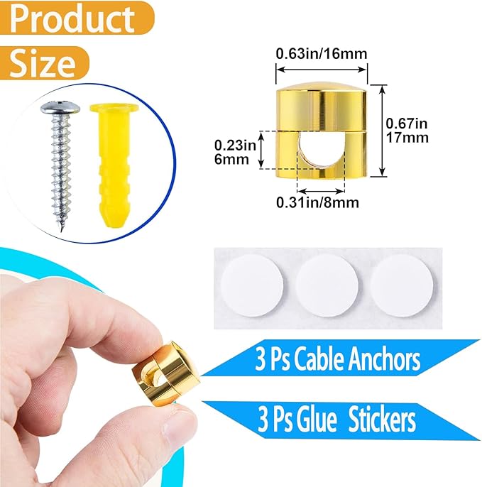 3 Sets Charger Cord Holder, Gold Metal Adhesive Cable Management Clips,Adjustable Cable Anchor Holders,Wire Organizer for Desk, Wall, Home, Office