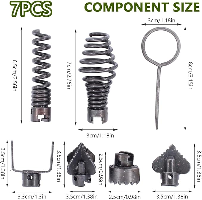 Drain Cleaner Combination Cutter Heads Set,7PCS Drain Snake Drill Attachment 16mm Spring Pipe Dredging Tools Drain Snake Attachment for Pipeline Dredging Machine(Silver)