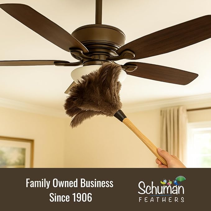 Ostrich Feather Duster with Wooden Handle 14" – Natural Reusable Feather Duster for Cleaning, Furniture & Shelves, Blinds, Ceiling Fan, Dusting Tool for Home, Office, Delicate Surfaces - 1 Pack