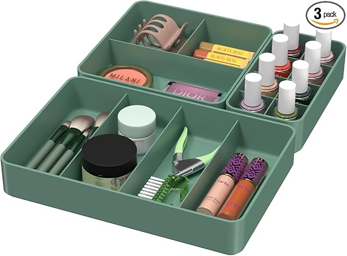 CHANCETSUI Drawer Organizer Storage Tray Set – Modular, Stackable Bins for Vanity, Bathroom, Makeup & Personal Care – Boho Style Plastic Trays with Customizable Slots, Durable & Space-Saving Design