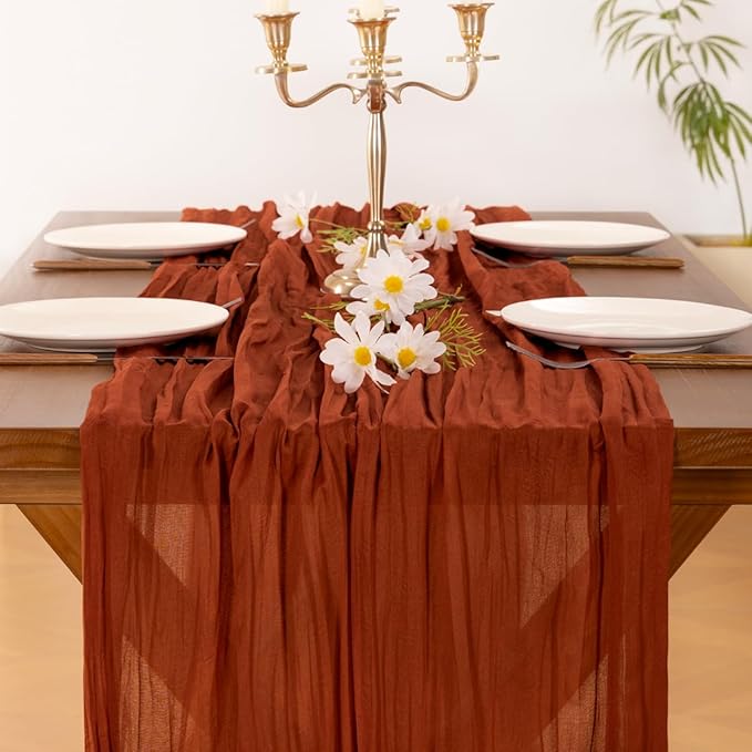 Socomi 2pcs Terracotta Summer Cheesecloth Table Runner Boho Rustic Gauze 120 inch 10FT Cheese Cloth Sheer Runner for Wedding Party Baby Shower Birthday Home Decor Holiday Decorations