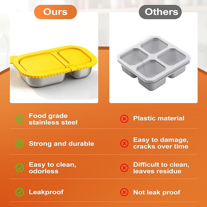 Stainless Steel Snack Containers with Silicone Lids, 4 Pack Reusable 2-Compartment Food Storage Containers, Snackle Box Container, Leak-Proof Metal Bento Lunch Box for School, Travel, Home