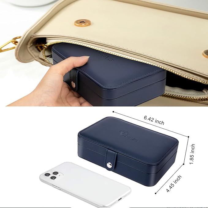 Voova Small Jewelry Organizer Box, Travel Jewelry Case for Women Teen Girls, Mini PU Leather Portable Jewellery Storage Boxes Holder with Smart Earrings Plate for Necklaces Rings Bracelets, Blue
