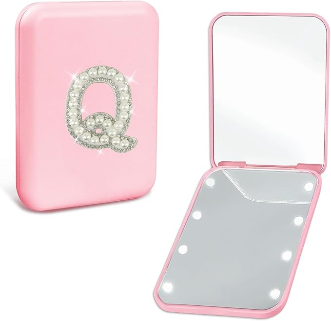 Travel Essentials Accessories LED Mini Makeup Mirror Pearl Initial 1X/2X Magnification Compact Mirror with Lights for Purses, Preppy 2-Sided Pocket Mirror Gifts for Women Teen Girls (Q)