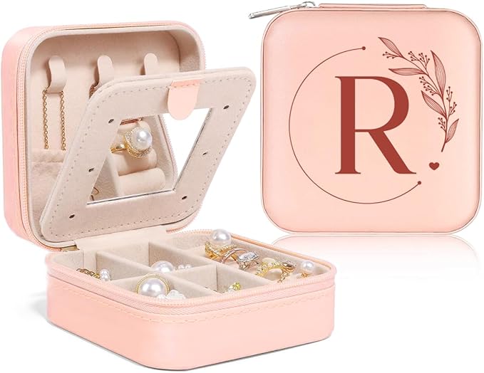 SANDJEST Personalized Jewelry Box, Pink Small Travel Jewelry Box with Initial R, Monogrammed Jewelry Case Organizer for Girls Women Teen, Mini Travel Essentials Gifts for Christmas Birthday