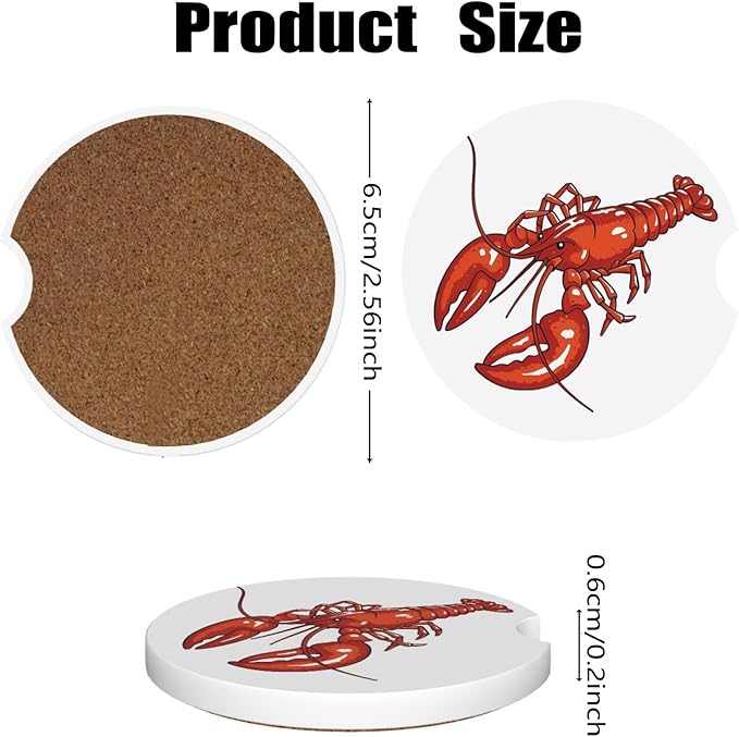 Car Cup Holder Coasters, 2 Pcs Ceramic Coasters with Cork Back and Finger Slot, Anti-Slip Shock Absorbing Women and Men Universal Car Accessories - Tiny Lobster