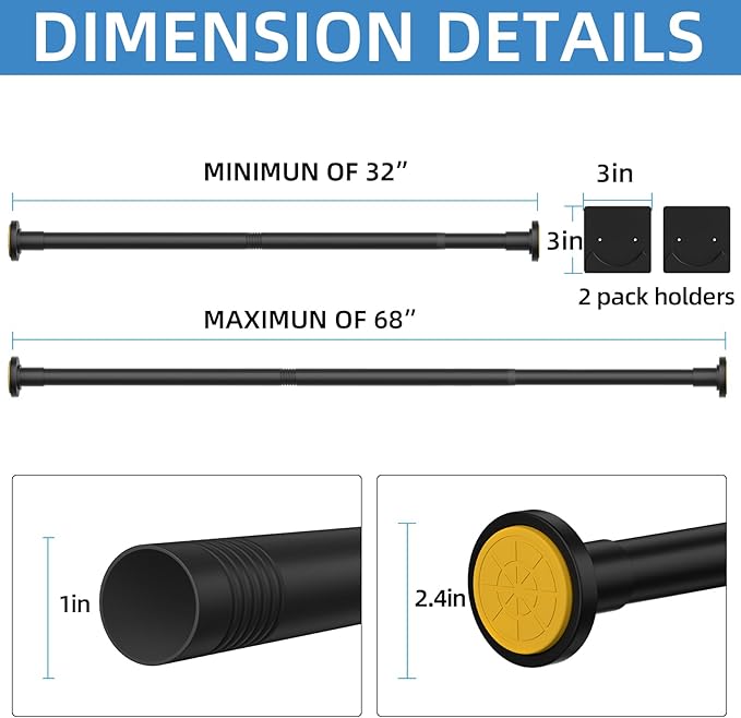 CorkLatta Matte Black Shower Curtain Rod,1 Inch Diameter Stainless Steel Adjustable Spring Tension Rods 32 to 68",with Holders,Anti-Slip,Curtain Rods No Drilling(1 Pack)