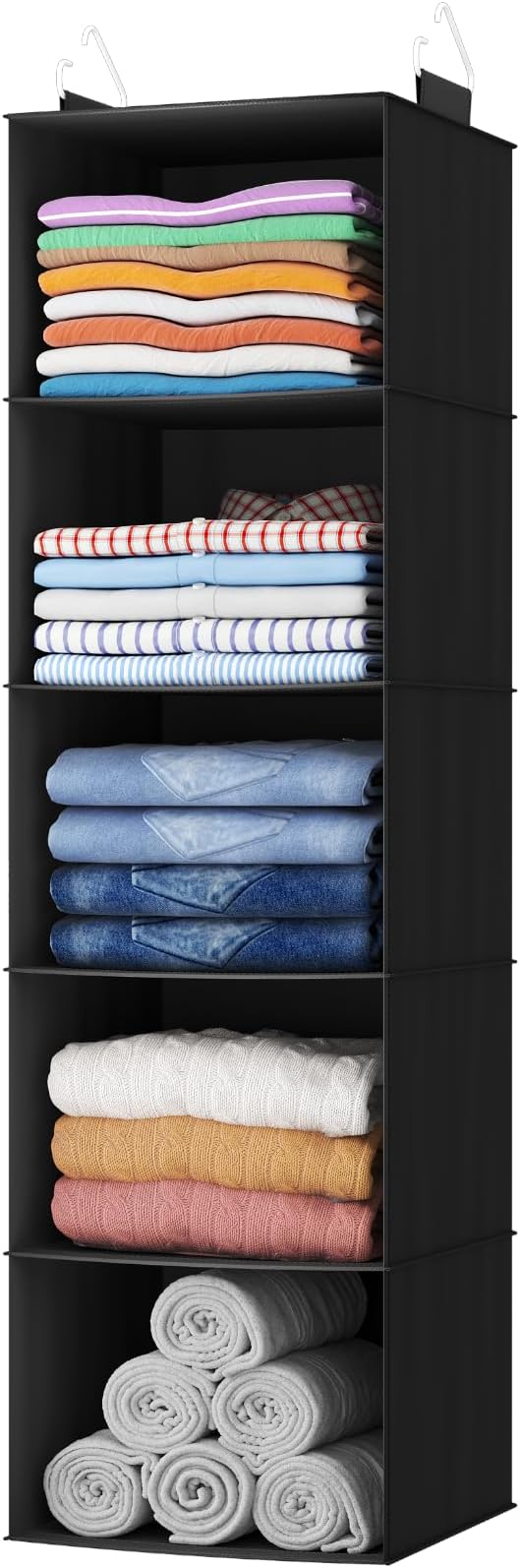 Lifewit 5 Tier Hanging Closet Organizer and Storage for Shelves, Foldable Clothes Storage Shelf with 2 Sturdy Hooks for Clothing Organization, Dorm Room Essentials for Guys, Black