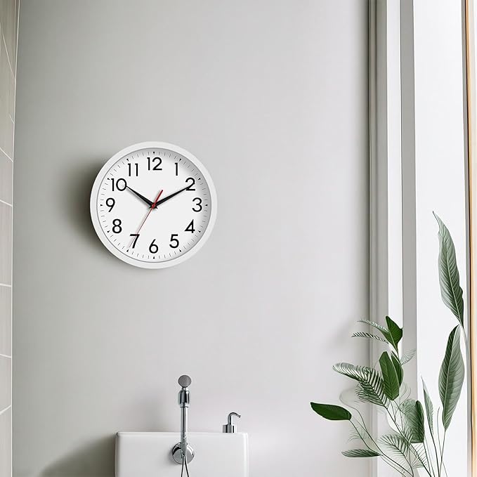 Wall Clock Modern Battery Operated 10 Inch Simple Silent Non-Ticking Analog Decorative for Kitchen Bathroom Bedroom Office Living Room School Classroom (White)