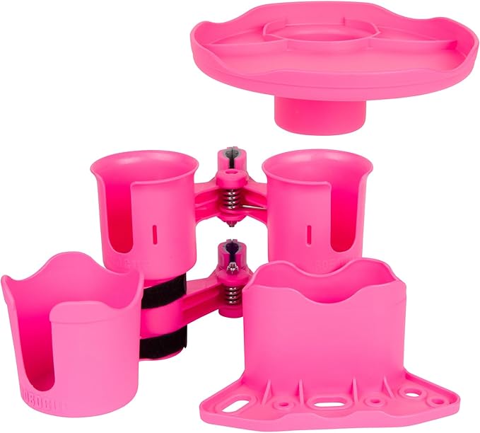ROBOCUP, (Hot Pink EZ-Spring), Patented Clamp On Boat Cup Holder |Multifunction Dual Drink Caddy for Fishing Poles, Tools, Net |Portable Storage for Boating, Beach, Umbrellas, Golf Carts, Strollers
