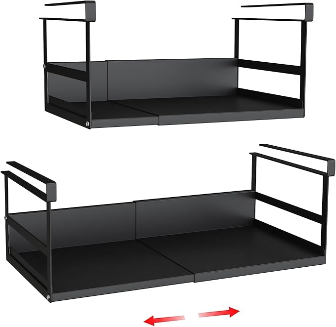 SHINEWON Expandable Under Cabinet Shelf Organizer with 0.94-Inch Thick Clips, Heavy Duty Extendable Under Shelf Storage Basket for Pantry or Laundry Room, Black, 2 Pack, Interior: 5.7" H x 8.54" D
