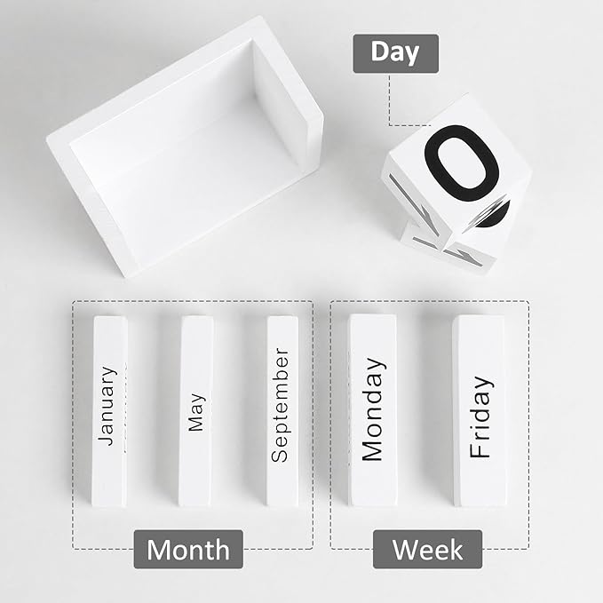 Wooden Block Calendar for Desk, Daily Desktop Perpetual Desk Calendar, Cute Date Display Blocks Desk Accessory for Home Office Decor, Teacher, Classroom, Reusable Yearly, White