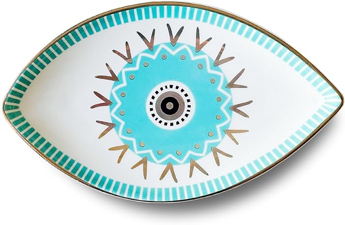 Exquisite Small Ceramic Jewelry Tray - Trinket Dish Evil Eye Decor, Gold Plate Ring Holder, Modern Boho Home Essentials, Perfume Organizer, Witchy, Aesthetic Room Decor (Blue)