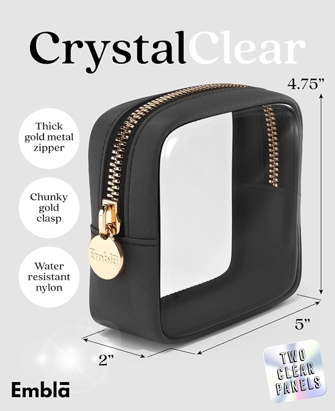 Clear Makeup Bag Zipper Pouch, Transparent Cosmetic Case Organizer, TSA Approved Travel Toiletry Case, Travel Accessories Essentials Makeup Tote for Women, Mini Cute Make up Bag for Purse - Black