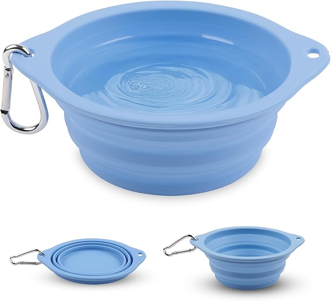Collapsible Dog Bowl - 800ml/27 oz Portable Silicone Travel Water Bowl for Dogs with Carabiner | Foldable, Dishwasher Safe | Hiking, Camping Dog Essentials & Outdoor Pet Feeding - Blue