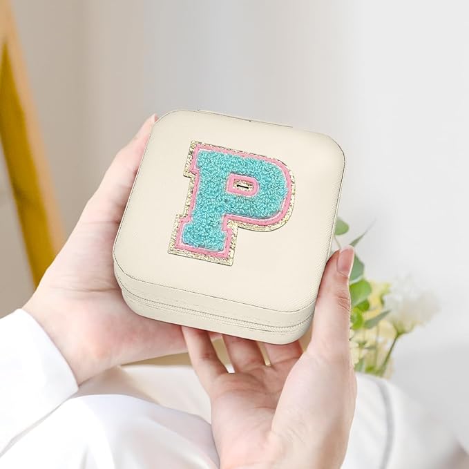 SANDJEST Personalized Jewelry Box, White Travel Jewelry Box with Initial P, Small Monogrammed Jewelry Case Organizer for Girls Women Teen Kids, Mini Travel Essentials Gifts for Birthday Christmas