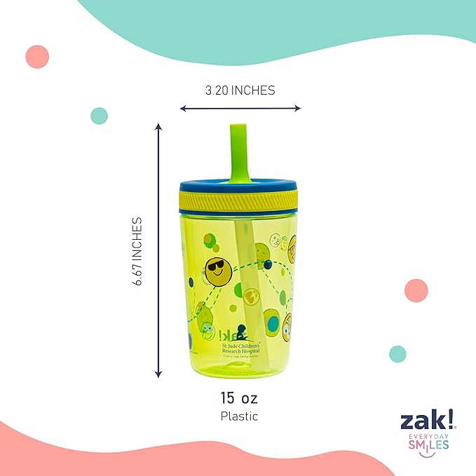 Zak Designs St. Jude Kelso Toddler Tumblers For Travel or At Home, 15oz 2-Pack Durable Plastic Sippy Cups With Leak-Proof Design is Perfect For Kids (Space and Smiles)