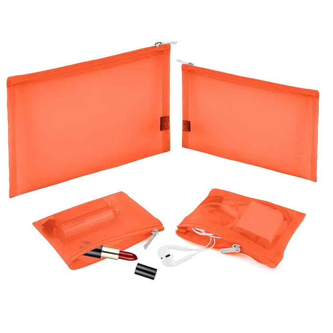 EASYFUN Mesh Pouch, Makeup Bag with Zipper Cosmetic Organizer Pouch for Daily or Travel to Keep Small Items, 4 PCS Orange