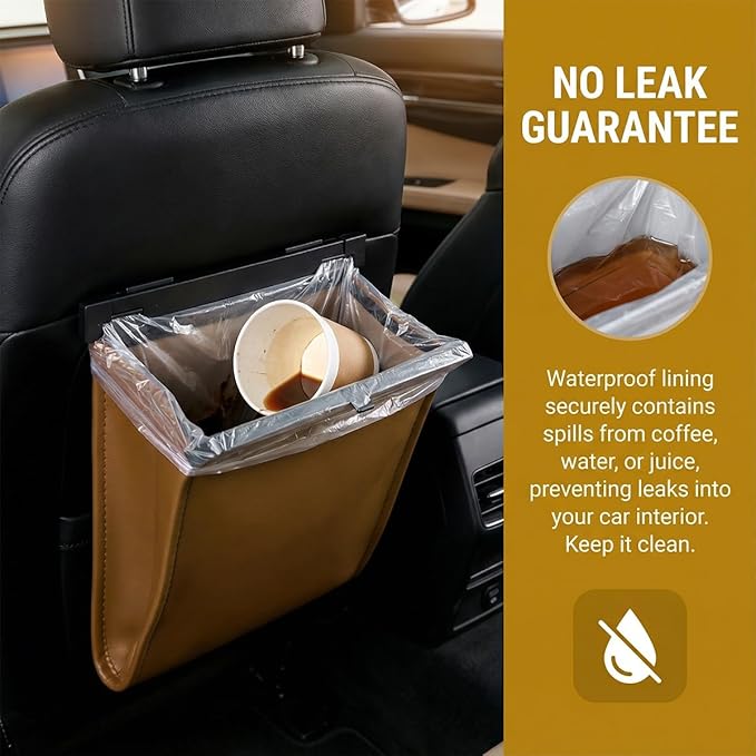 HZEL Car Trash Can, Multifunctional Leather Hanging Leakproof Backseat Garbage Container Bin, Auto Interior Backseat Dustbin Trash Bag Storage Organizer, Universal for SUV RV Truck (Light Brown)