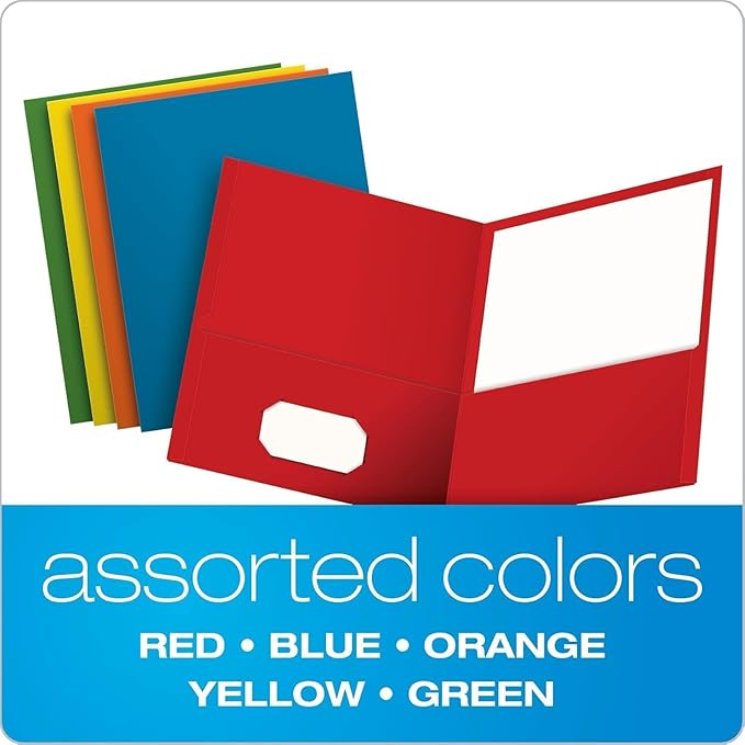 Oxford Two Pocket Folders, Textured Paper, Assorted Colors (Blue, Red, Yellow, Orange, Green), For School, Home, and Office, Letter Size, 25 Per Box (57513EE)