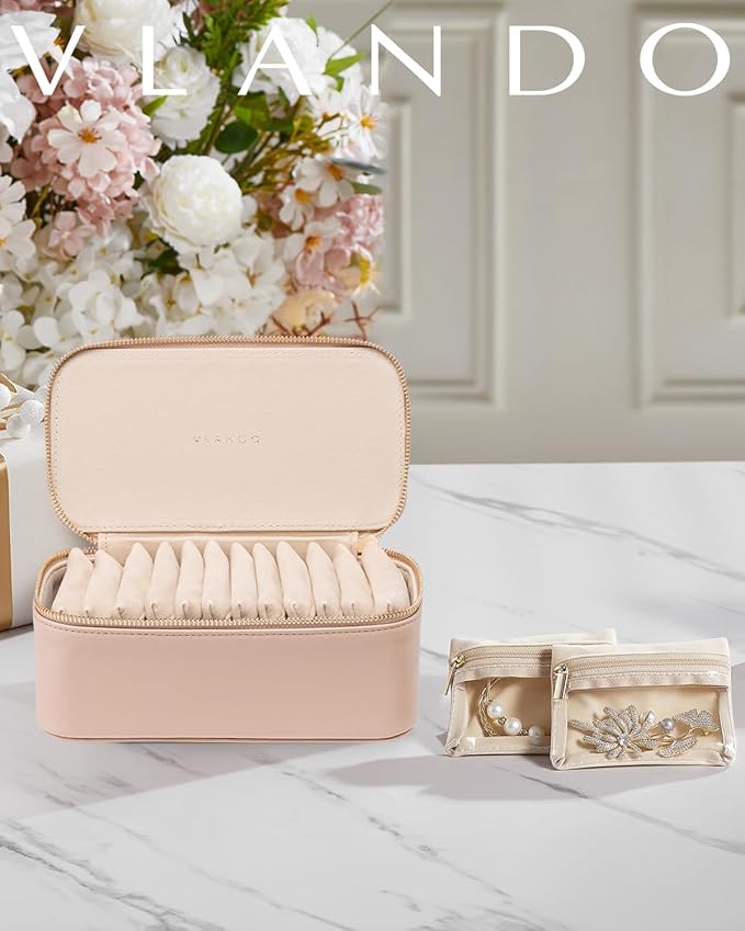 Vlando Jewelry Travel Case, Travel Jewelry Organizer with Clear Velvet Jewelry Bags 12Pcs Zipper Pouch for Women Wedding Gifts for Friends Sister-Khaki