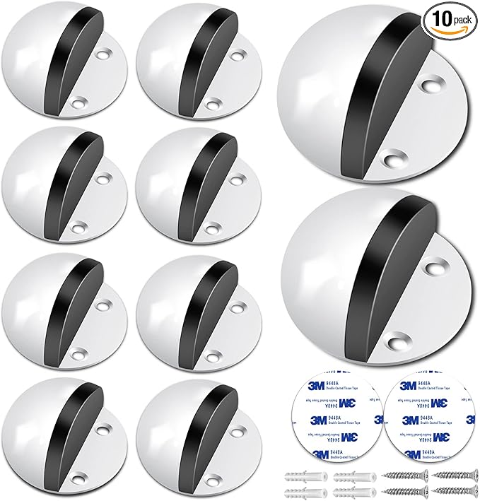 10 Pack Door Stoppers Adhesive Floor Mounted Door Stop No Drill with Rubber Door Bumper, Stainless Steel Door Stop for Floor, White