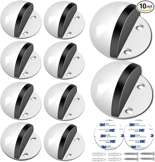 10 Pack Door Stoppers Adhesive Floor Mounted Door Stop No Drill with Rubber Door Bumper, Stainless Steel Door Stop for Floor, White