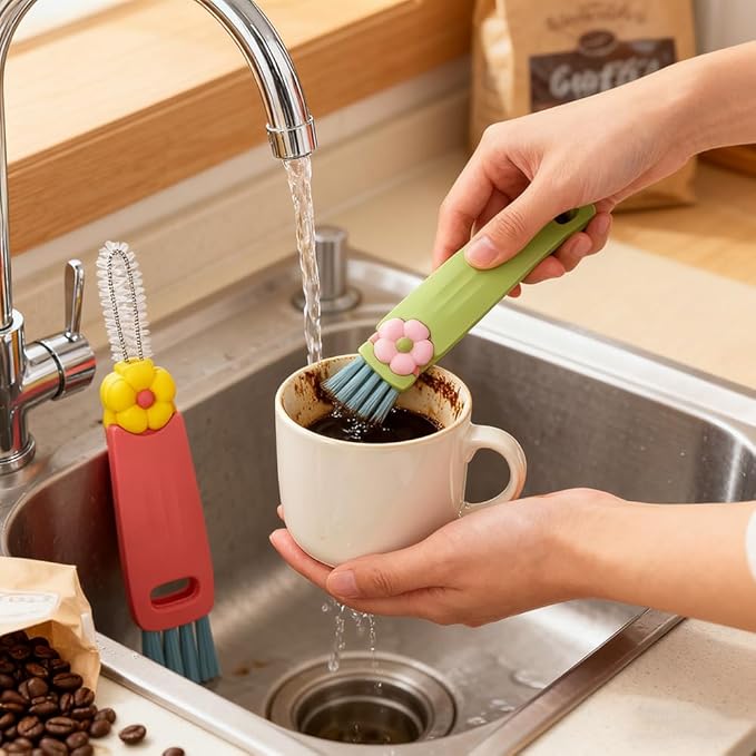 3 in 1 Cup Lid Cleaning Brush, 6PCS Multifunctional Cup Lid Cleaning Brushes with Scraper, Crevice, Angled Brush, for Coffee Mugs, Water Bottles, Tumblers (6)