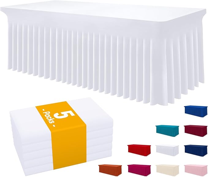 Smiry Spandex Tablecloth 5 Pack, Elastic Fitted Stretch Tablecloth for 6FT Rectangle Tables, Waterproof Washable Table Cover Skirt for Outdoor, Wedding, Banquet & Parties (White, 72Lx30Wx30H Inch)